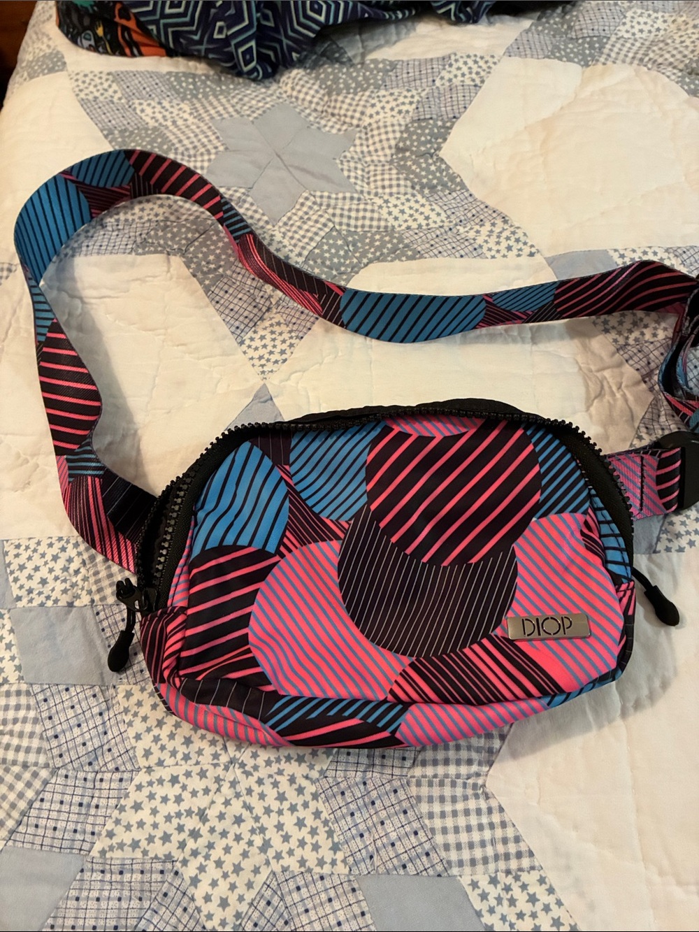 Striped Circle Print Crossbody Bag - Pink & Blue